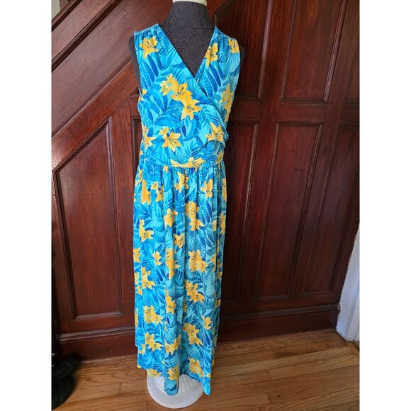 Lands End Womens Sleeveless Tropical Floral Maxi Dress L Blue & Yellow - Picture 1 of 7